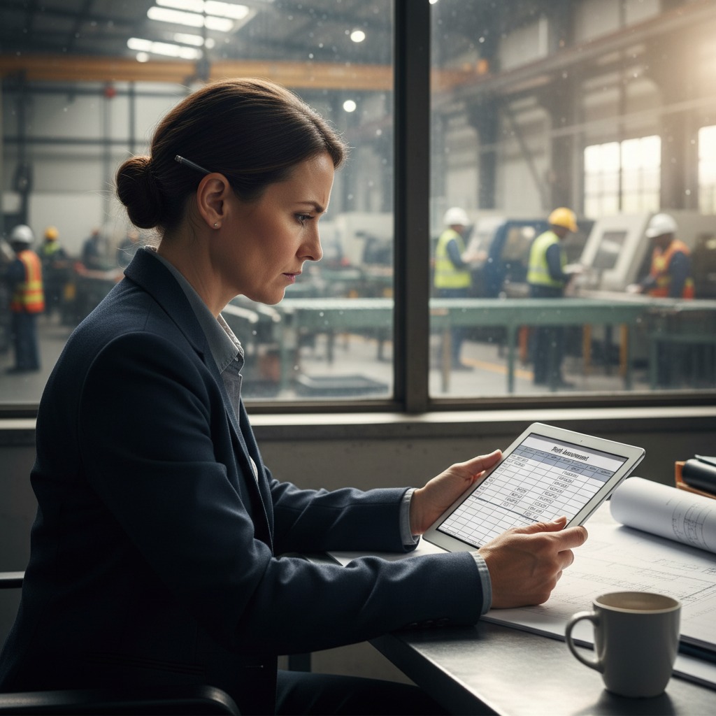 A businesswoman in a suit sits at a desk, reviewing data on a digital tablet with a manufacturing plant visible through the window behind her.